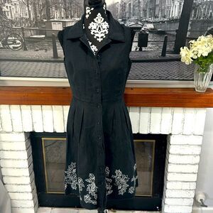 Oscar De La Renta Women Dress Black White 100% Linen Sz8 Sleeveless Embroidered